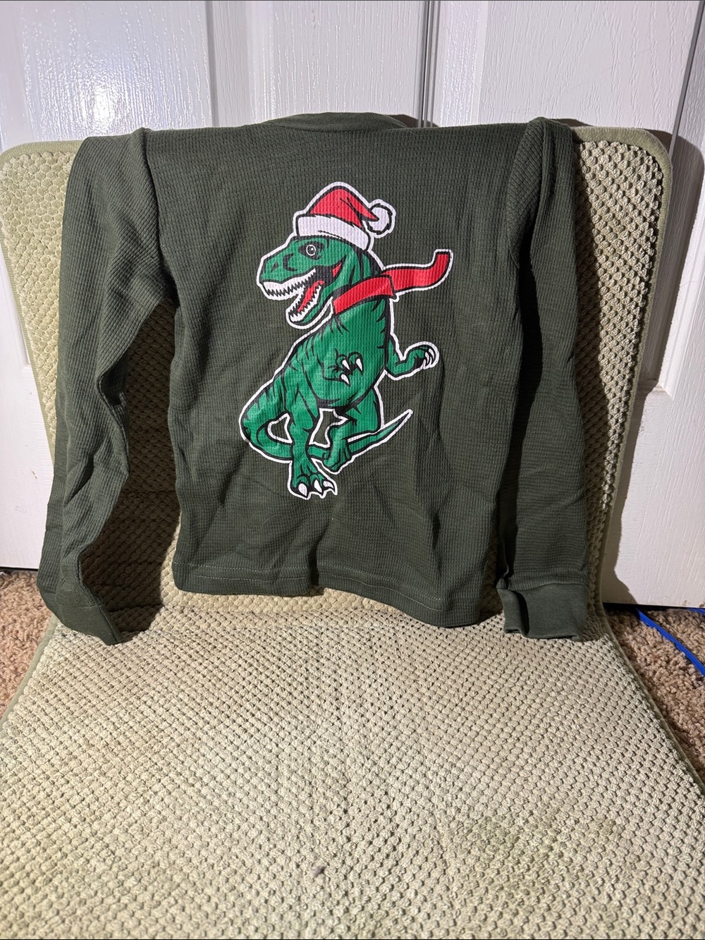 Green Kids Long Sleeve Shirt with Festive Dinosaur Patch